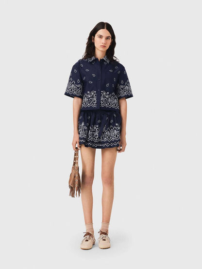 MJ: Cropped Embroidered Bandana Print Shirt | Skirt