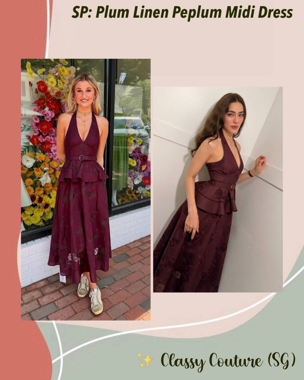 SP Plum Linen-cotton Halter Peplum Midi Dress