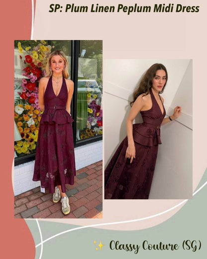 SP Plum Linen-cotton Halter Peplum Midi Dress