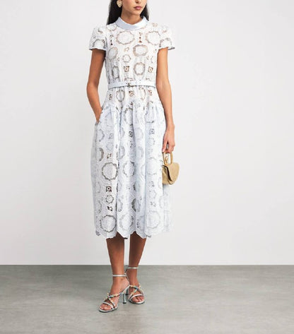 SP Blue Lace Floral Satin Collar Midi Dress