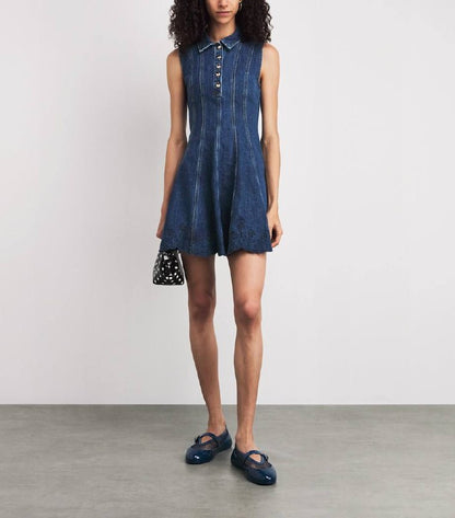 SP Blue Denim Broderie Flared Mini Dress