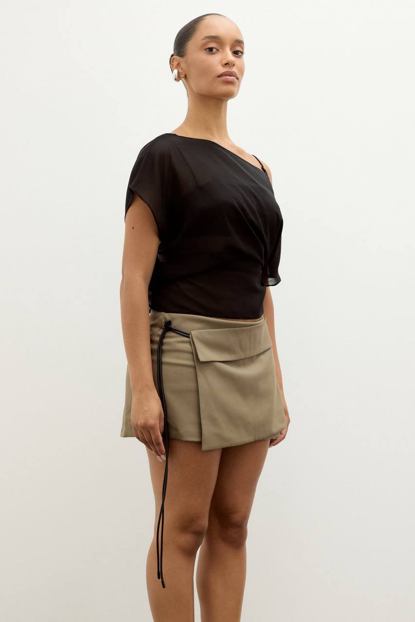 NV Khaki Faux Wrap Tie Low-waist Mini Skirt