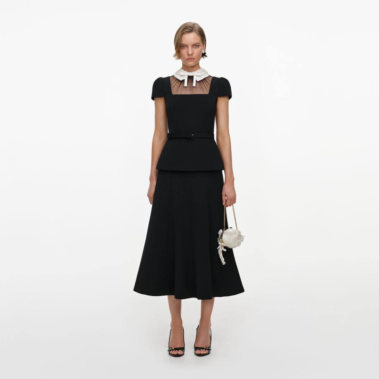 SP Black Crepe Bow Collar Midi Dress | Peplum Top