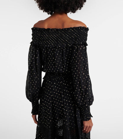 SP Black And Gold Chiffon Off Shoulder Top | Tiered Maxi Skirt | Set