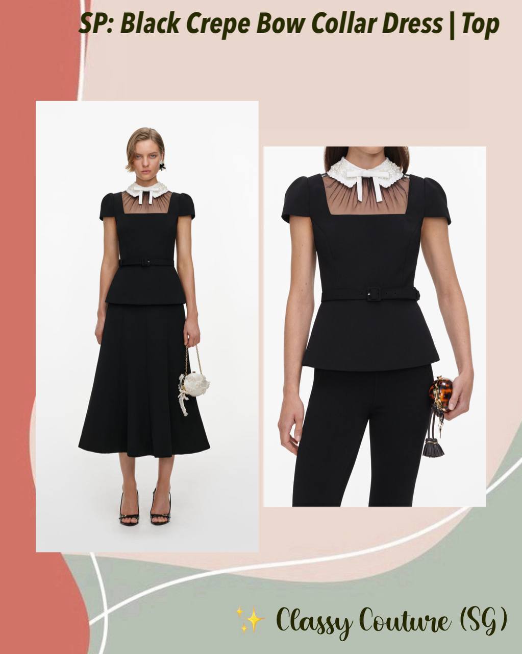 SP Black Crepe Bow Collar Midi Dress | Peplum Top