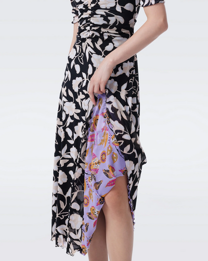 DVF Koren Reversible Mesh Midi Dress in REAL TO CHINTZ LILAC/INLAY FLOWER BLACK