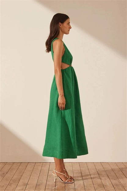 SJ Mare Linen V Neck Cut Out Midi Dress in Tree Green