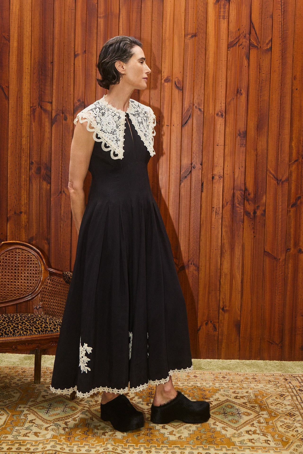 ALM Apollonia Lace Collar Viscose-Linen Midi Dress