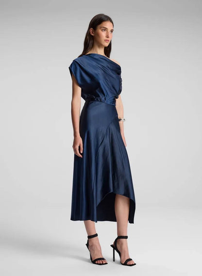ALC Jasmine Ruched One Shoulder Satin Midi Dress
