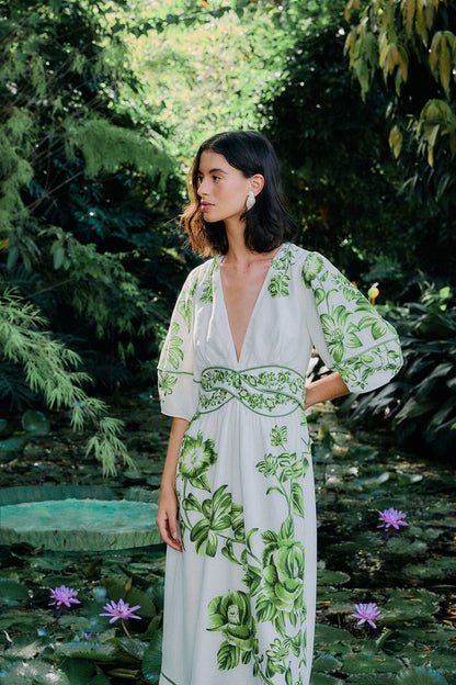 FR Green Floral Cascade Blue Yard Linen-Viscose Midi Dress