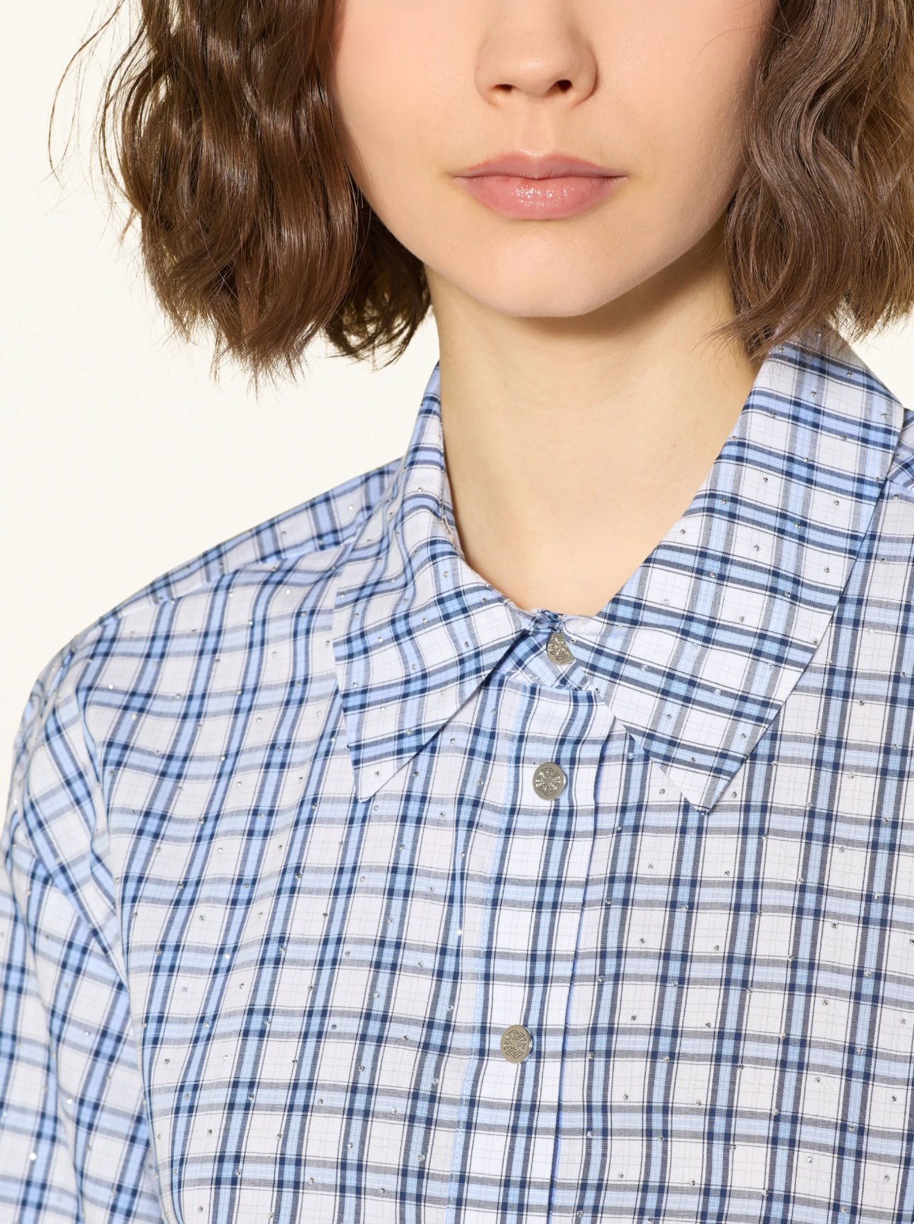 MJ Romimi Gingham Rhinestone Cotton Shirtdress Mini Dress