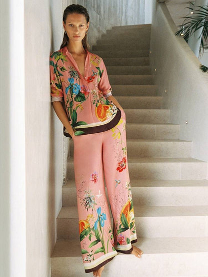 PETITE/REGULAR! RS Pink Milos Tropical Scarf-Print Half-button Shirt | Wide-leg Trousers | Drawstring Shorts | Viscose Set