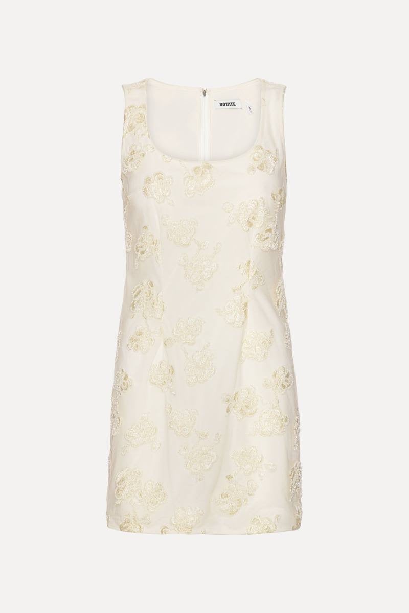 RT Beaded Square-neck Mini Dress in Egret White