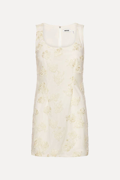 RT Beaded Square-neck Mini Dress in Egret White