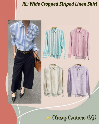 RL Wide Cropped Striped Linen Shirt with Navy blue Pony Embroidery