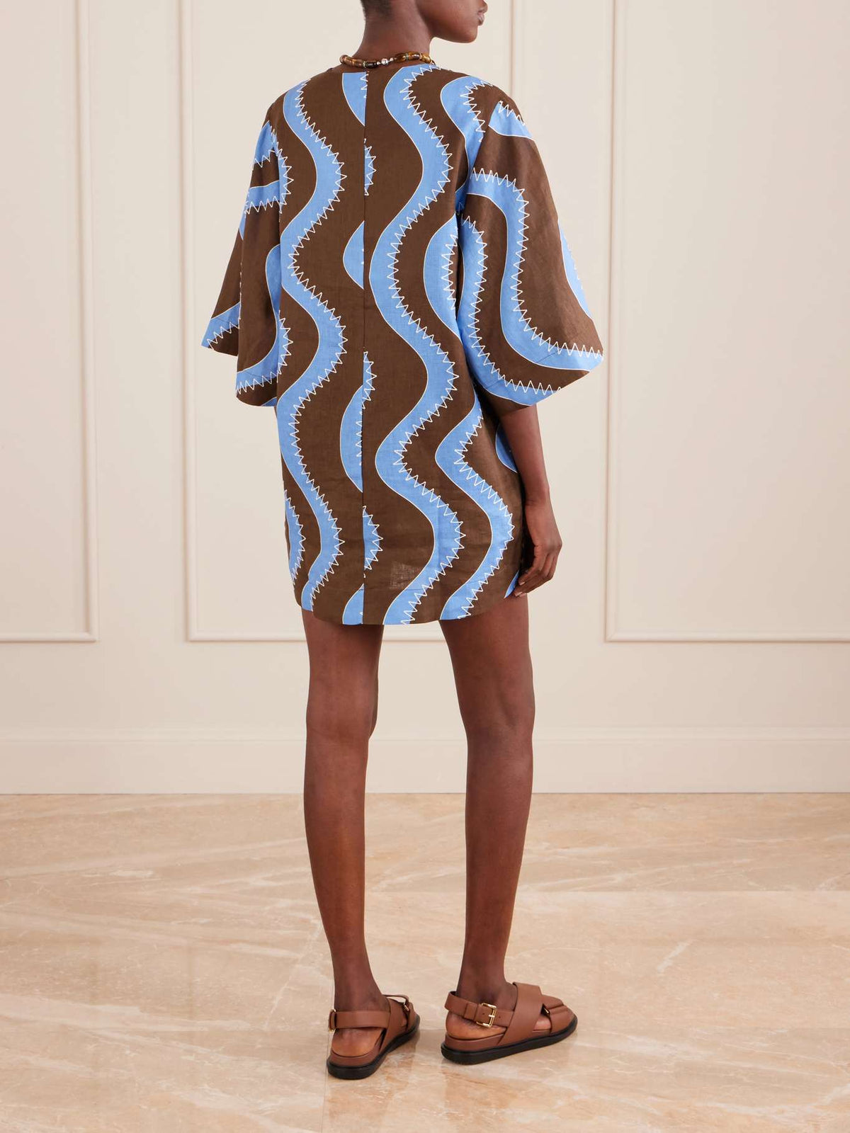 ALM024 Bold Brown/Blue Wave Stitch Tunic Shift Linen Mini Dress