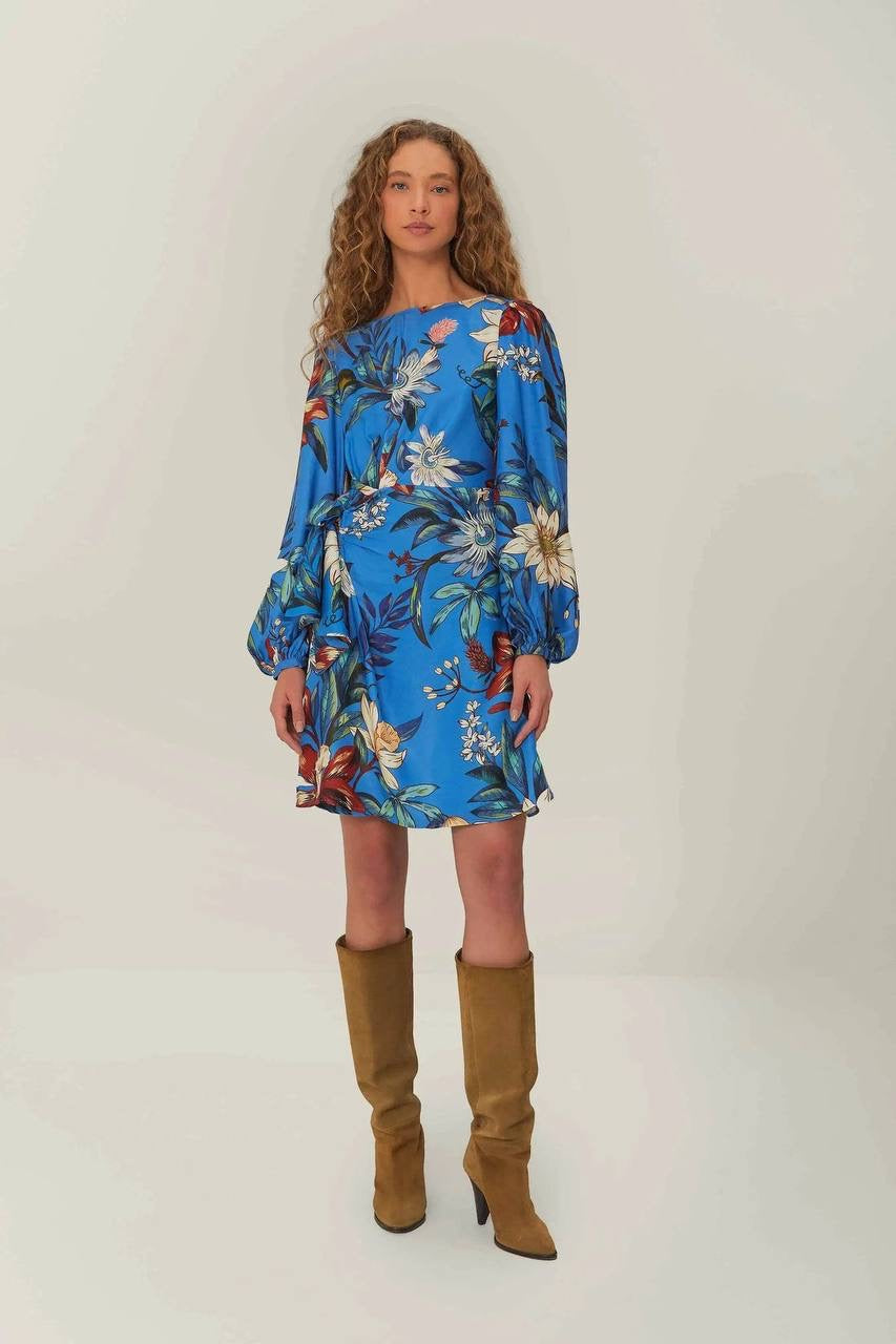 FR Blue Surreal Flowers Viscose Wrap Mini Dress