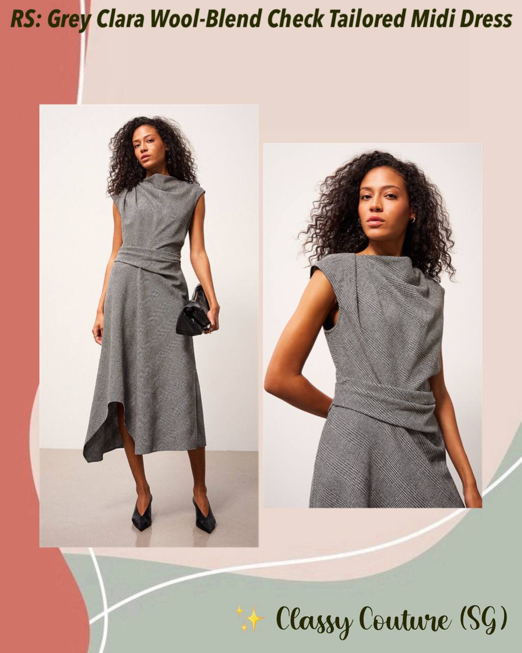 RS Grey Clara Wool-Blend Check Tailored Midi Dress