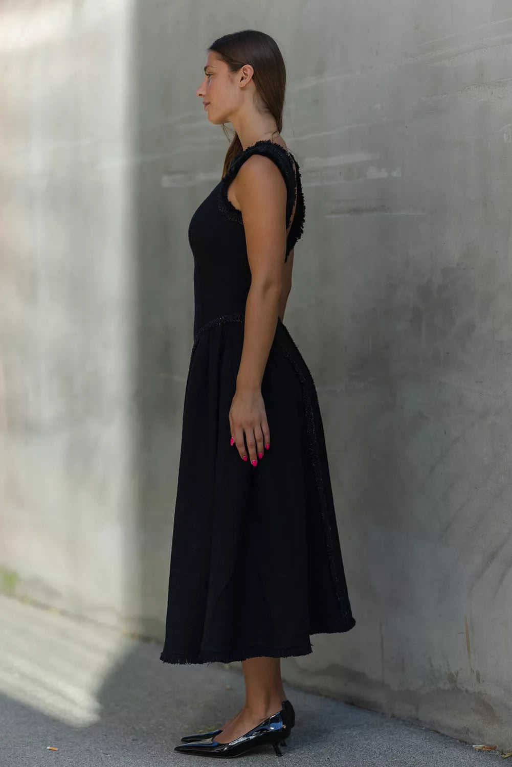 SP Black Boucle Sleeveless Open Back Midi Dress