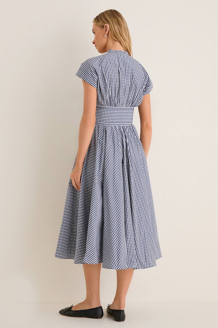 2 Colors! ALX Riviera Cotton-Viscose Midi Dress in White & Navy Gingham Blue
