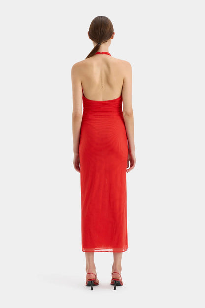 STL Jacques Mesh Halter Midi Dress in Pomelo Red