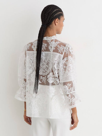 RS Demi Sheer Lace Tie-Neck Blouse Top
