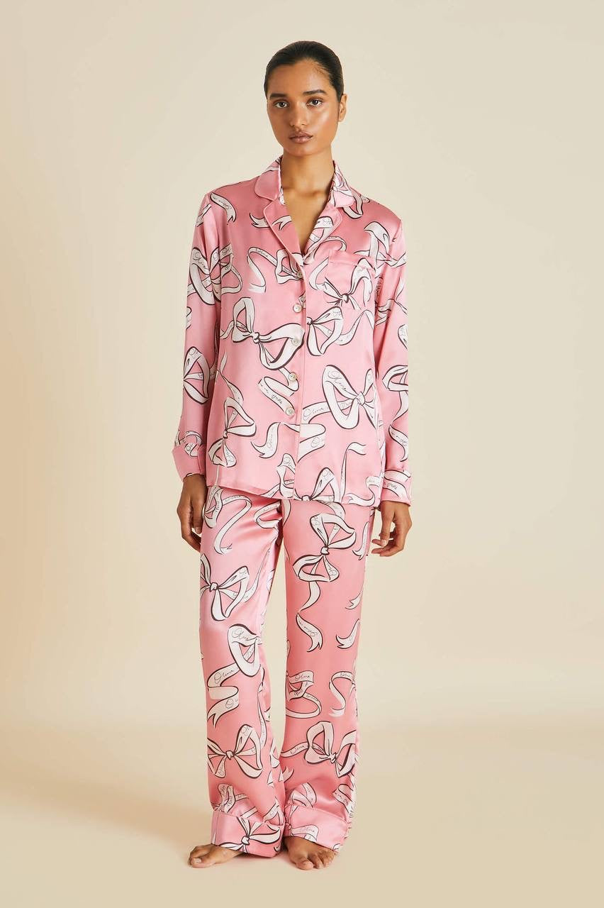 OVH Lila Bow Silk Satin Pyjamas Set in Arran Blue and Aileas Pink