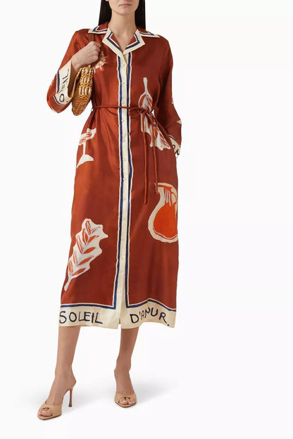 ALM Soleil D'Amour Silk Twill Long Sleeve Shirtdress Midi Dress