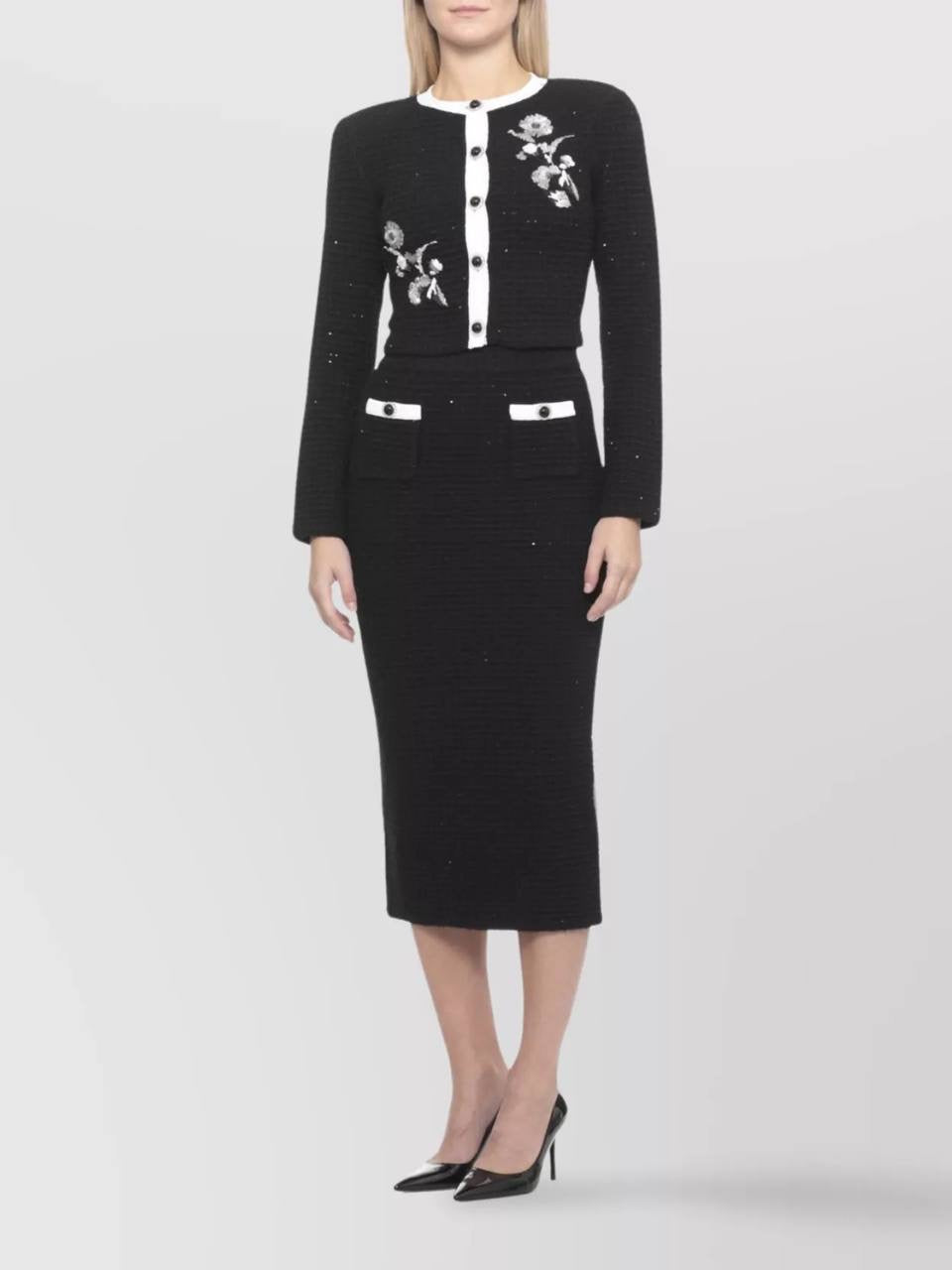 SP Black Textured-Knit Embellished Floral Jacket | Skirt