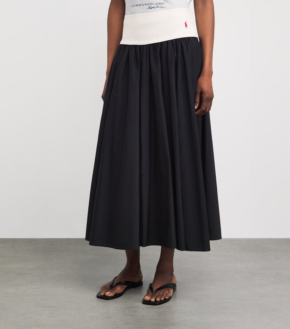 RL Panelled Woven Drop-waist Contrast Cotton A-line Midi Maxi Skirt