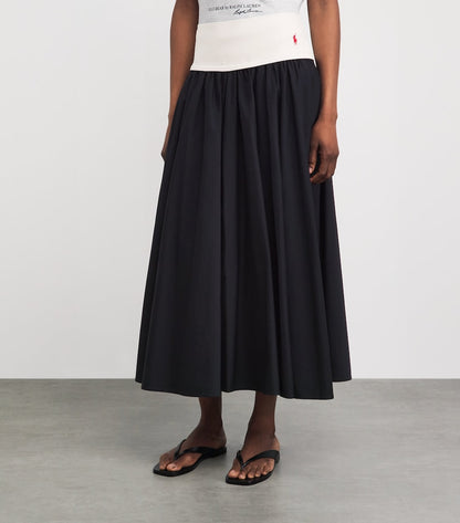 RL Panelled Woven Drop-waist Contrast Cotton A-line Midi Maxi Skirt