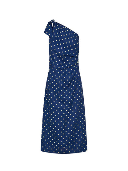 KV Lily One-Shoulder Toga Midi Dress | Strapless Bubble Cotton-Linen Polka Dot Maxi Dress