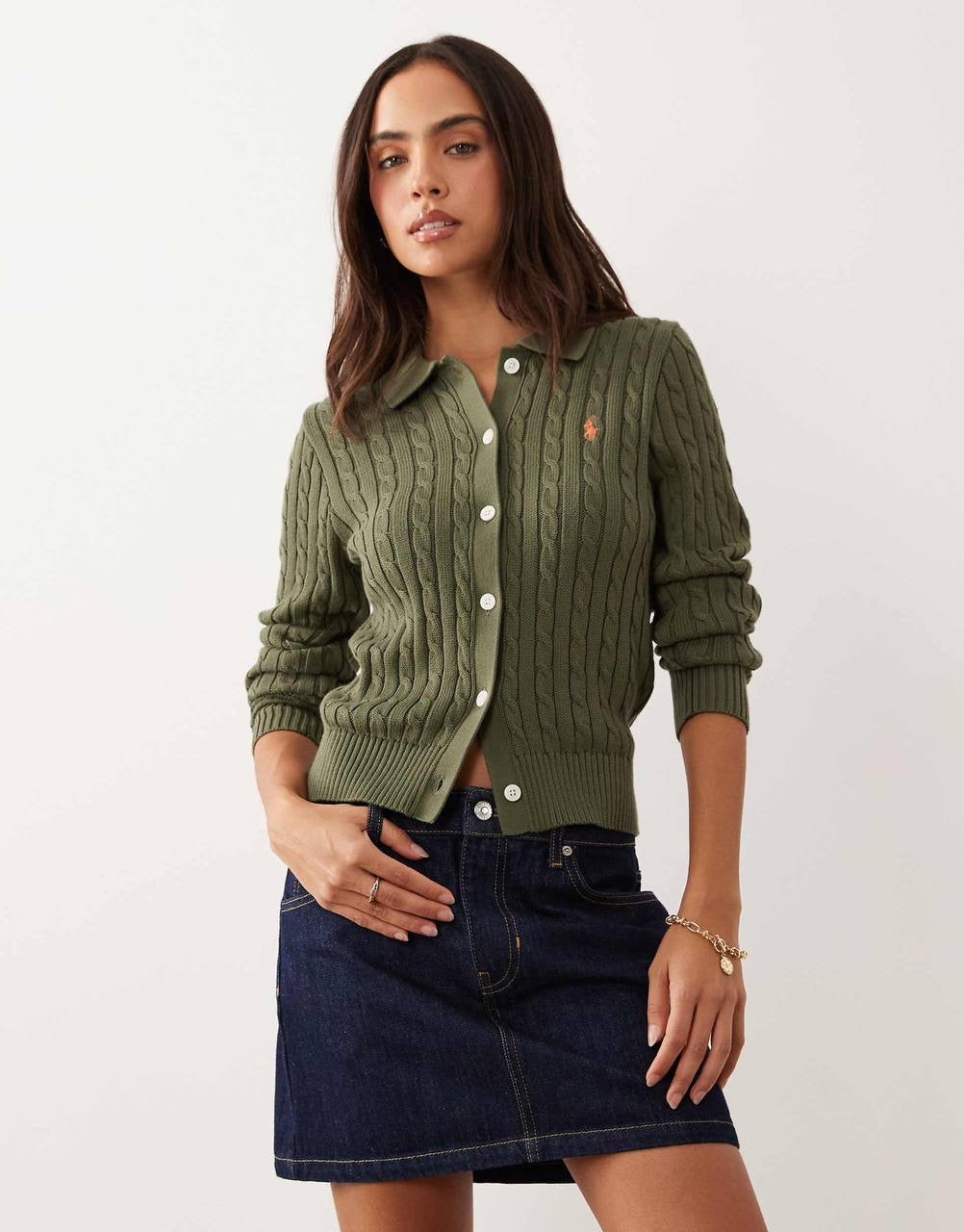 Polo Collar Mini Cable-Knit Cotton Cardigan