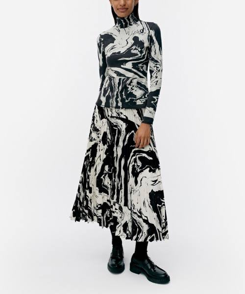 MMK Myy Marras Pleated Midi Skirt in Black/white Marble Ink