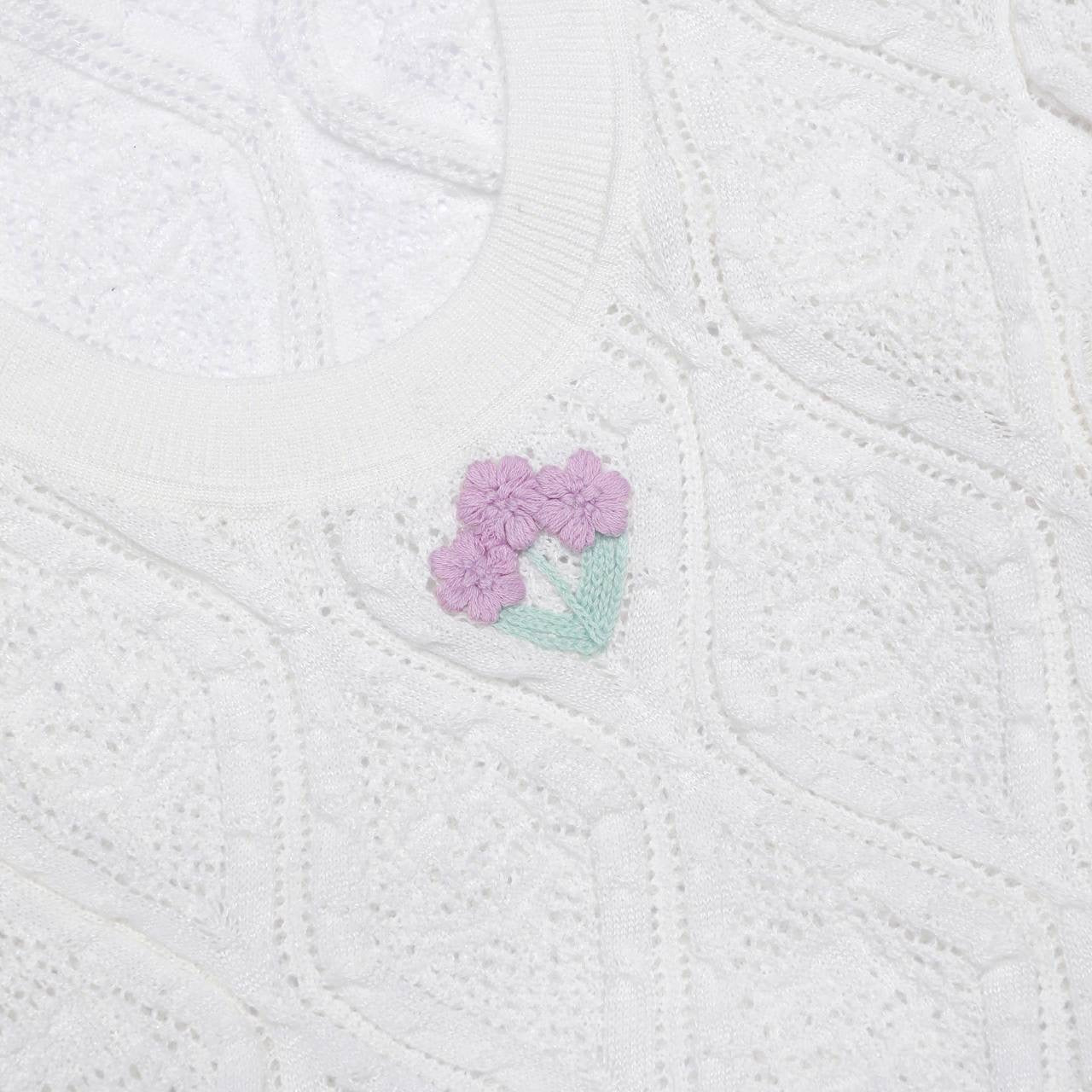 SP White Pointelle Knit Embroidered Mini Dress