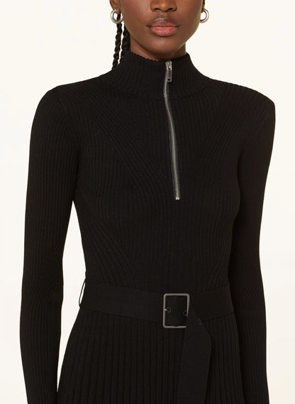 RS Vienna Viscose-blend Rib-Knit Belted Half-Zip Flippy Mini Dress