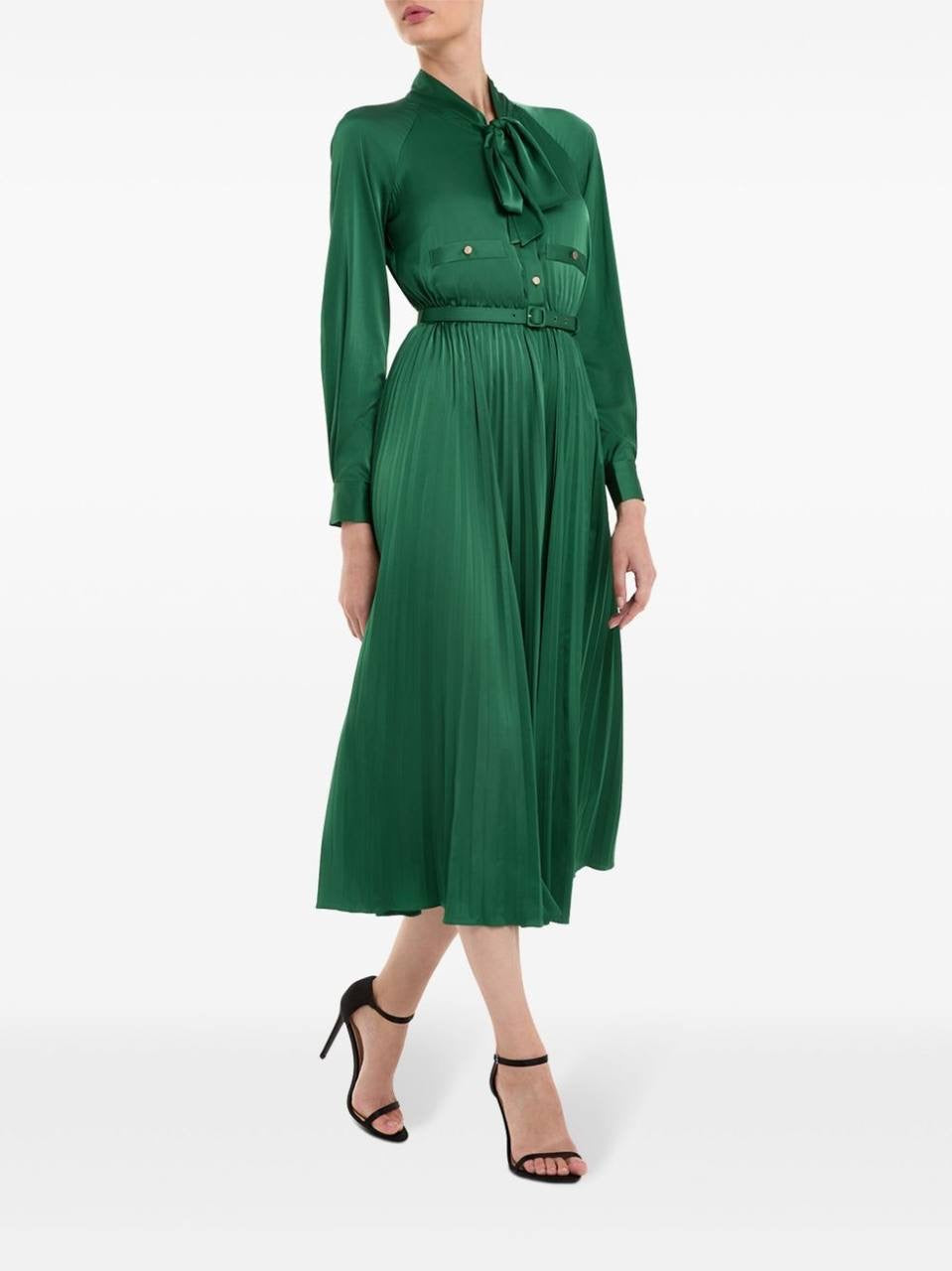 SP Green Satin Pussybow Pleated Midi Dress