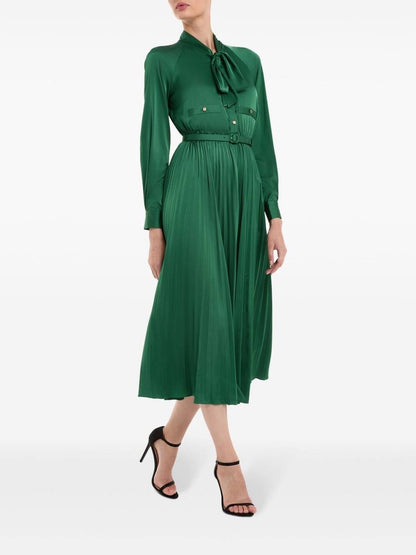 SP Green Satin Pussybow Pleated Midi Dress