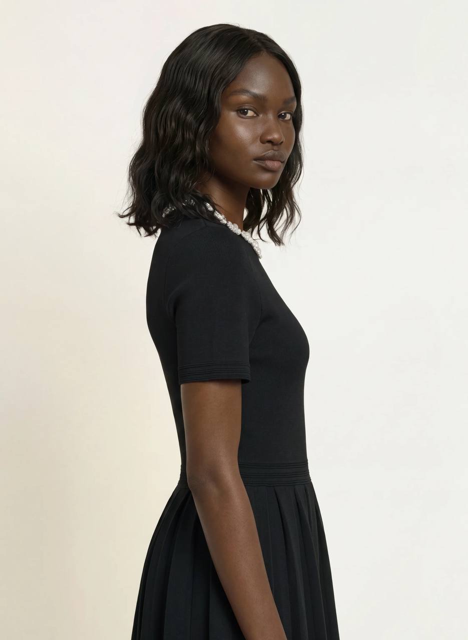 Black Short Sleeve Beaded Flowers Flared Viscose-blend Mini Dress
