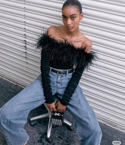 SP Feather-trim Off-shoulder Top in Knit