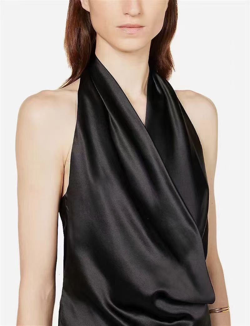 Emmy Silk Top Black Wrap-Front Cowl Halter