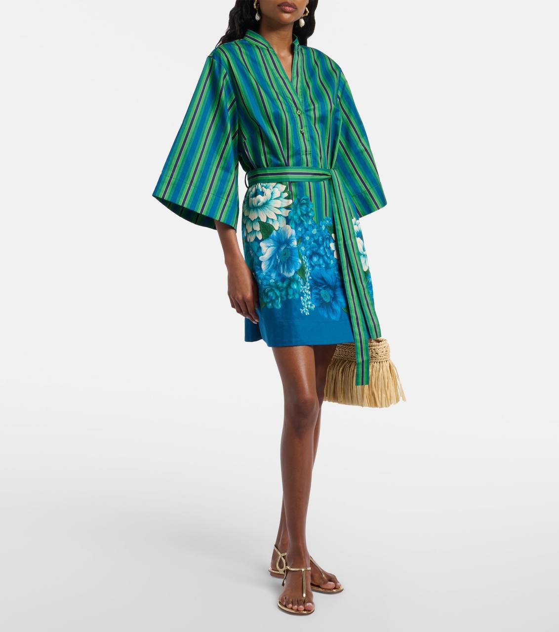 ALM004 Green/Blue Stripe Floral Bloom Organic-Cotton Mini Dress Shirtdress