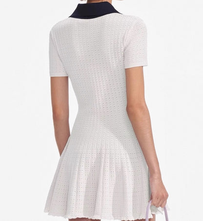 SP Pointelle Knit Contrast Collar Mini Dress in White | Lilac Purple