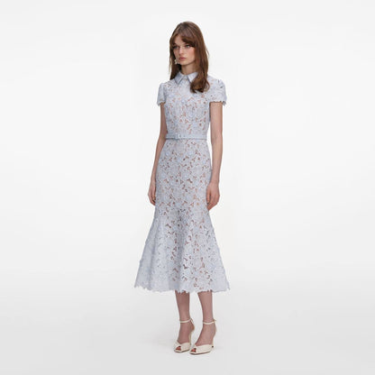 SP Blue Lace Guipure Collar Belted Midi Dress