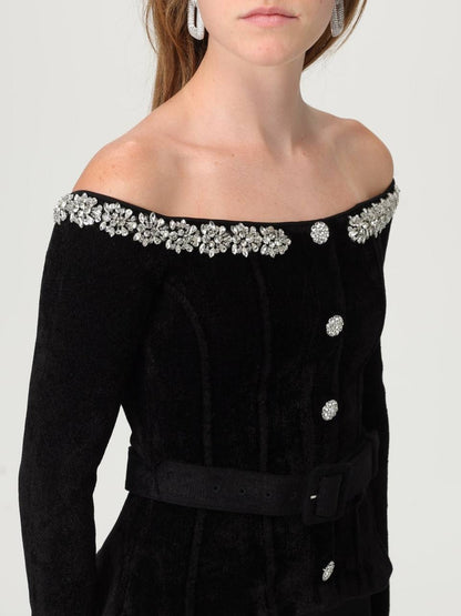 SP Black Chenille Knit Crystal-Trim Off Shoulder Peplum Midi Maxi Dress