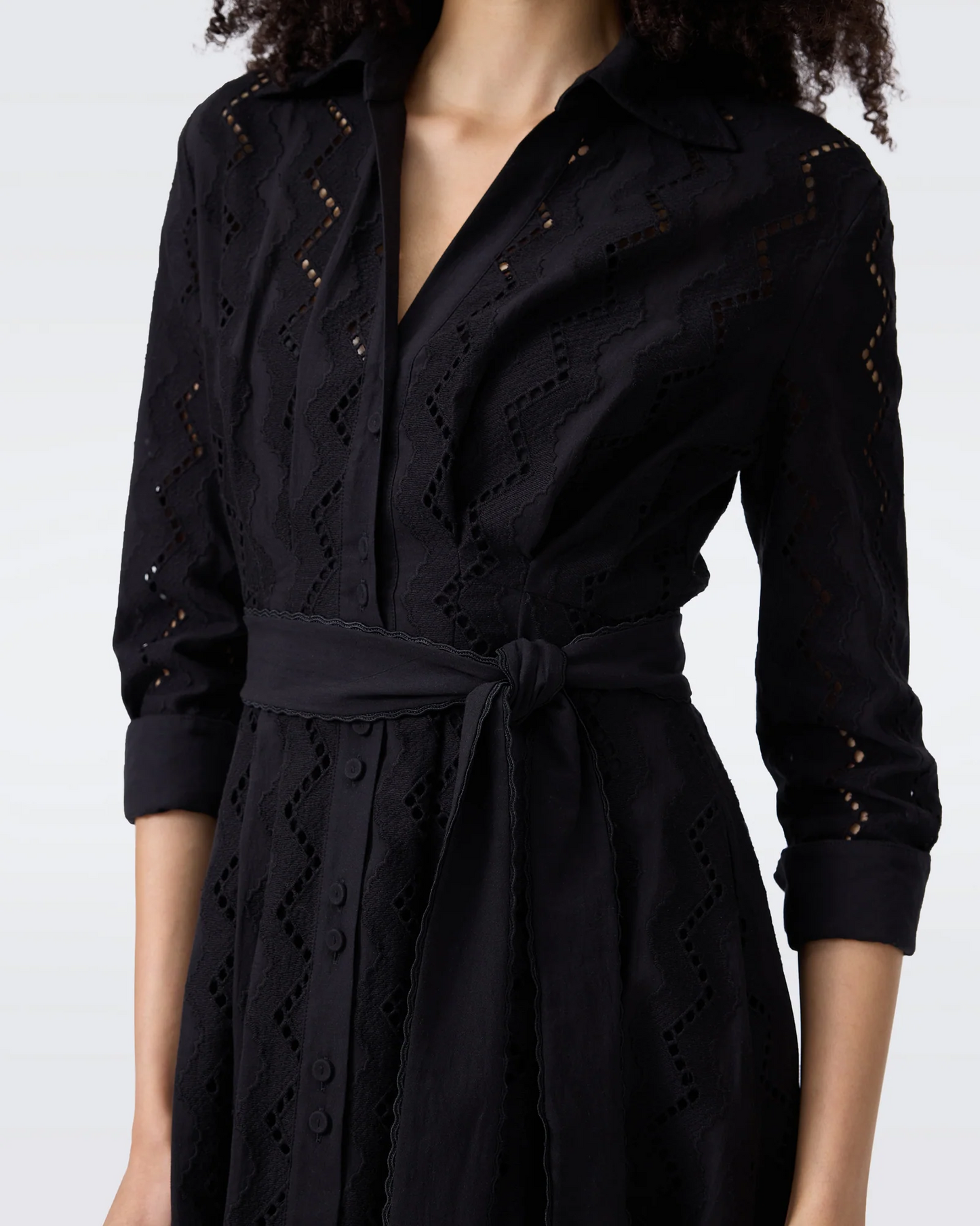 DVF Macy Geometric Embroidery Cotton Shirtdress Midi Dress