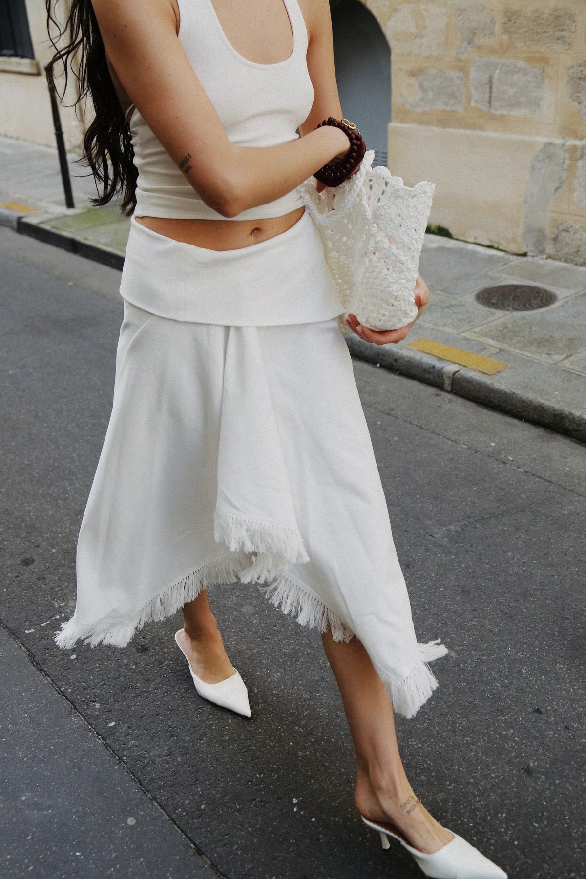 NV After Hours Fringed Cotton-blend Midi Skirt