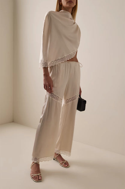 Cata Lace-Trimmed Silk Cape Top | Wide Leg Pants | Set