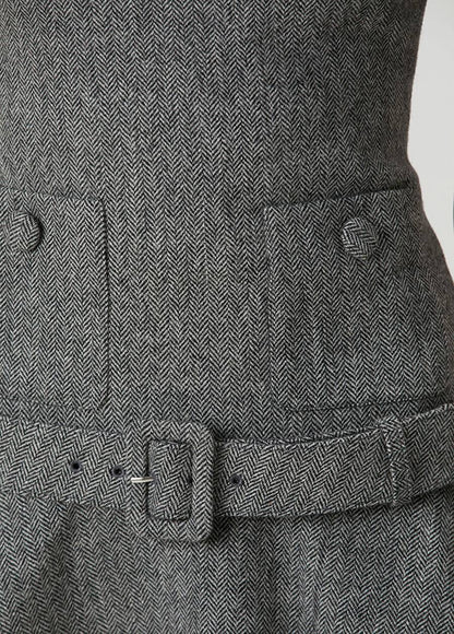 SP Grey Herringbone Belted Drop Waist Flared Mini Dress