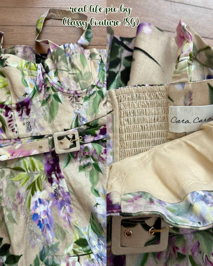 3 Colors! CC Calypso Bustier Belted Midi Dress in Floral Linen | Wool-blend Pinstripe | Plaid Check